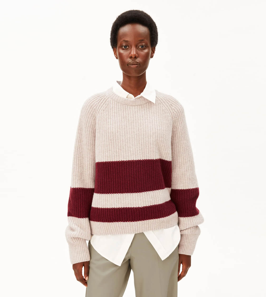 Armedangels W Knit Rib Striped beige honey melange-velvet red
