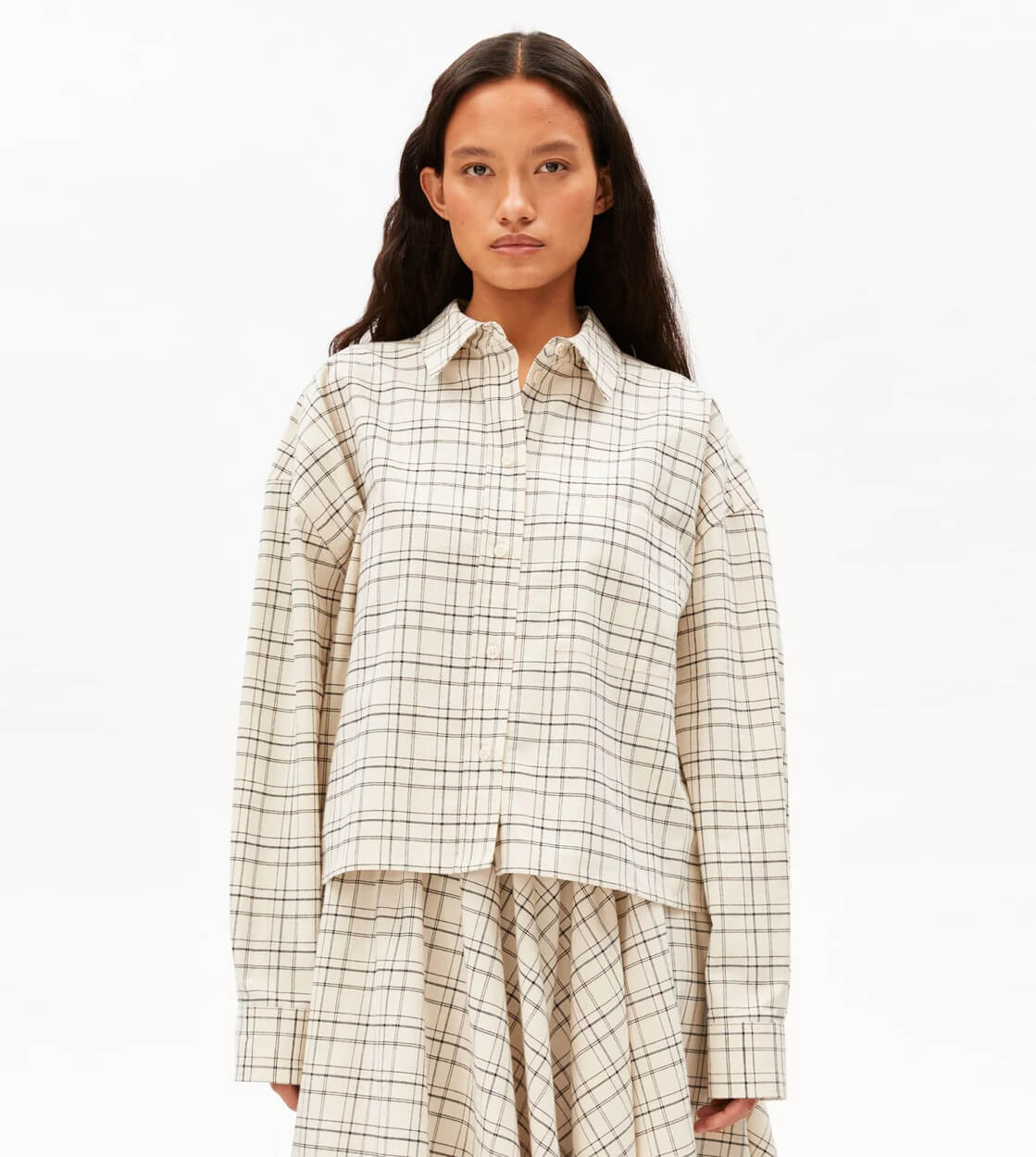 Armedangels W Shirt Check Boxy beige oatmilk/black