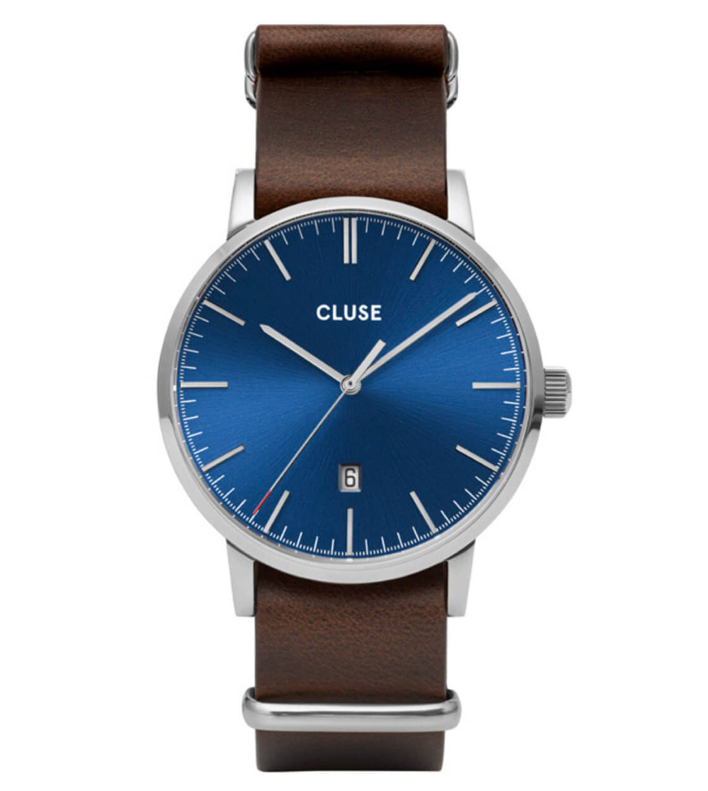 Cluse Watch Aravis Nato Leather brown dark/dark blue silver