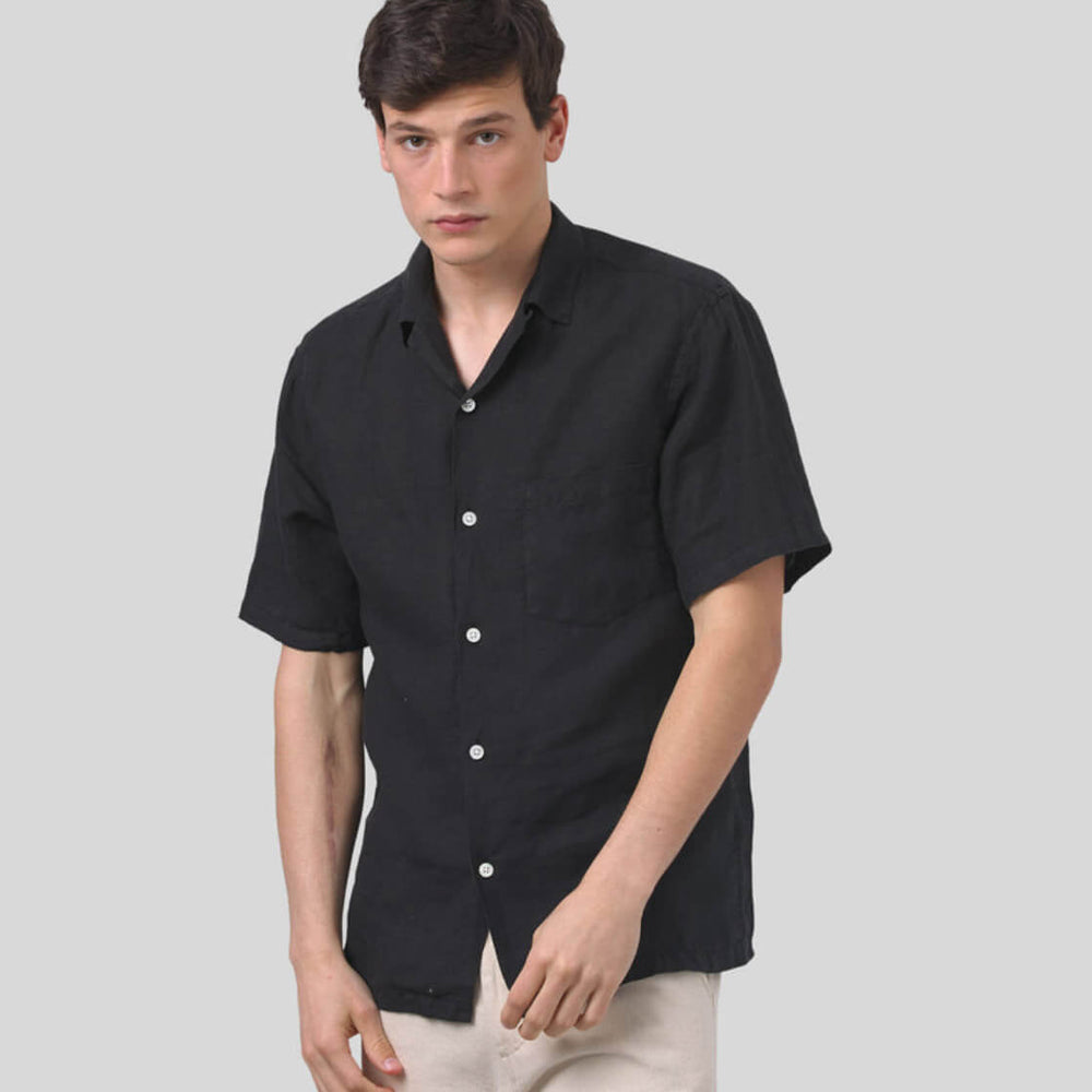 Portuguese Flannel Shirt SS Linen Camp Collar black