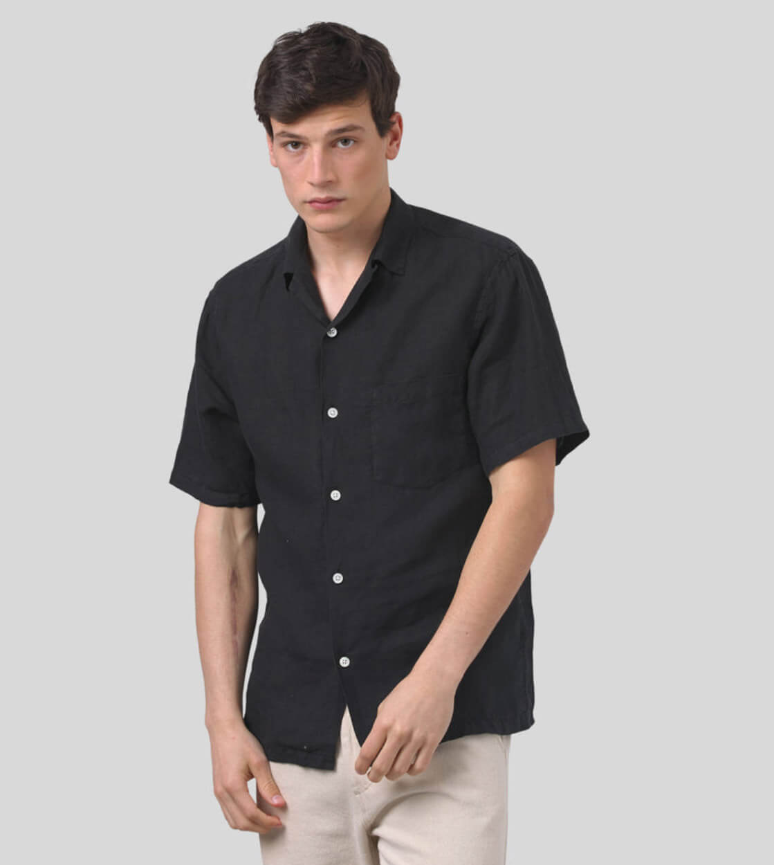 Portuguese Flannel Shirt SS Linen Camp Collar black