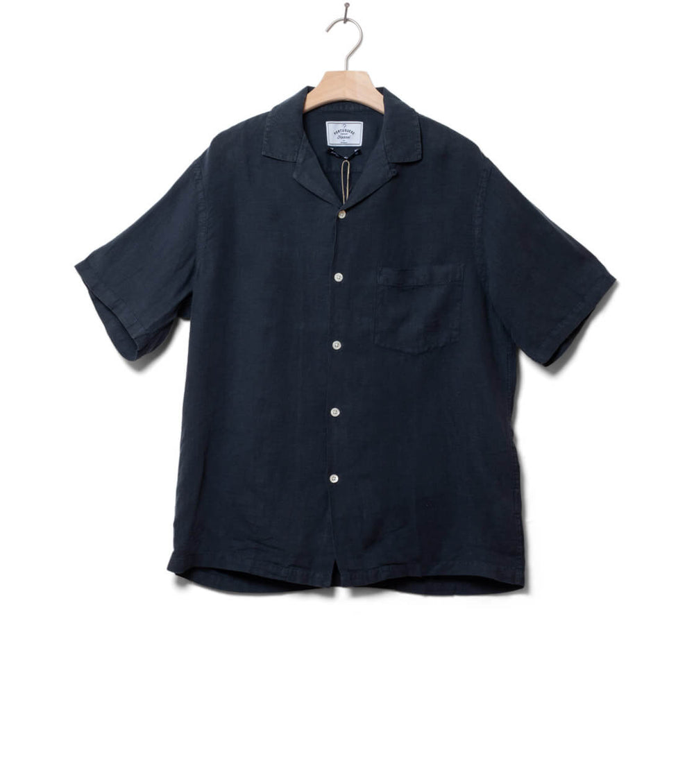 Portuguese Flannel Shirt SS Linen Camp Collar blue navy