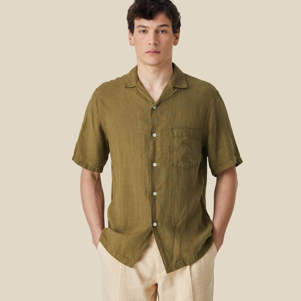 Portuguese Flannel Shirt SS Linen Camp Collar green olive