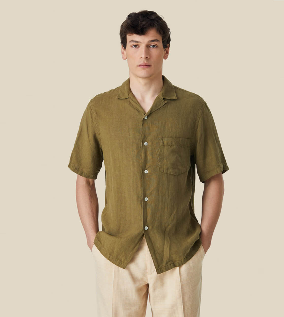 Portuguese Flannel Shirt SS Linen Camp Collar green olive