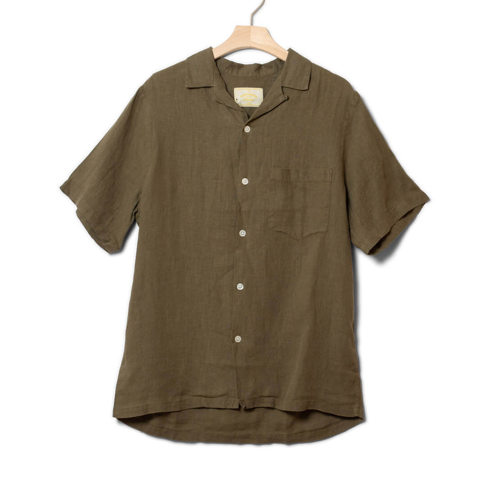 Portuguese Flannel Shirt SS Linen Camp Collar green olive