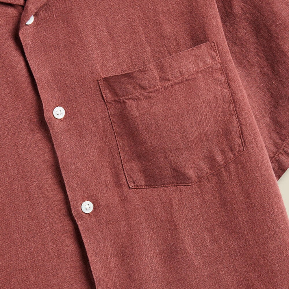 Portuguese Flannel Shirt SS Linen Camp Collar red bordeaux