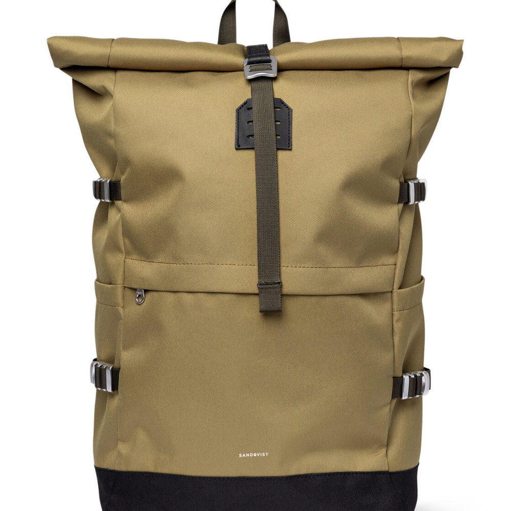 Sandqvist Backpack Rolltop L Icon beige olive drab with black leather