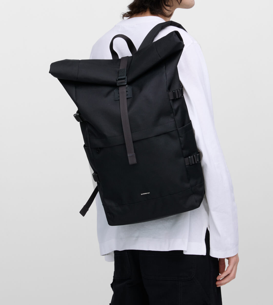 Sandqvist Backpack Rolltop L Icon black/black with black leather
