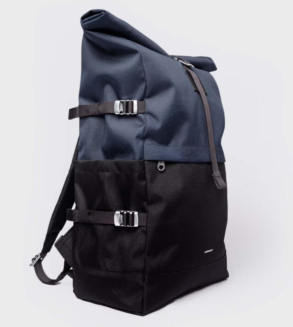 Sandqvist Backpack Rolltop L Icon blue multi black/ navy with black leather