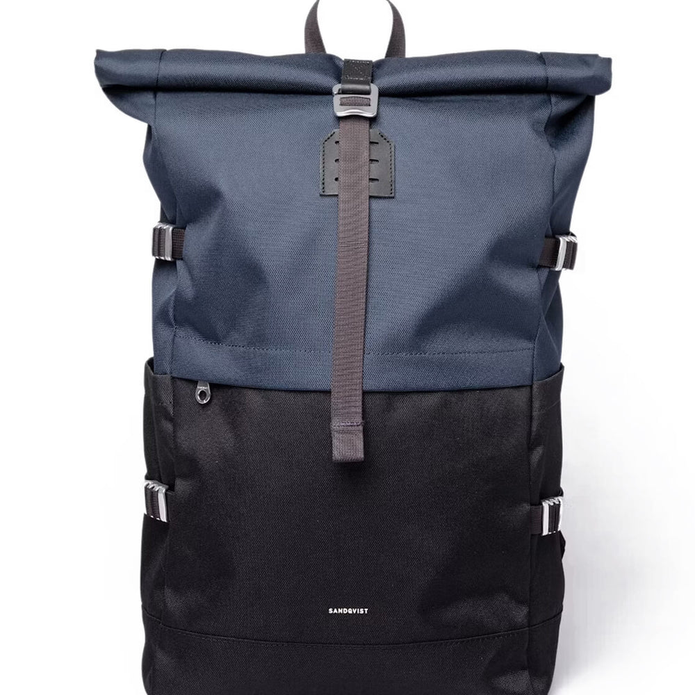 Sandqvist Backpack Rolltop L Icon blue multi black/ navy with black leather