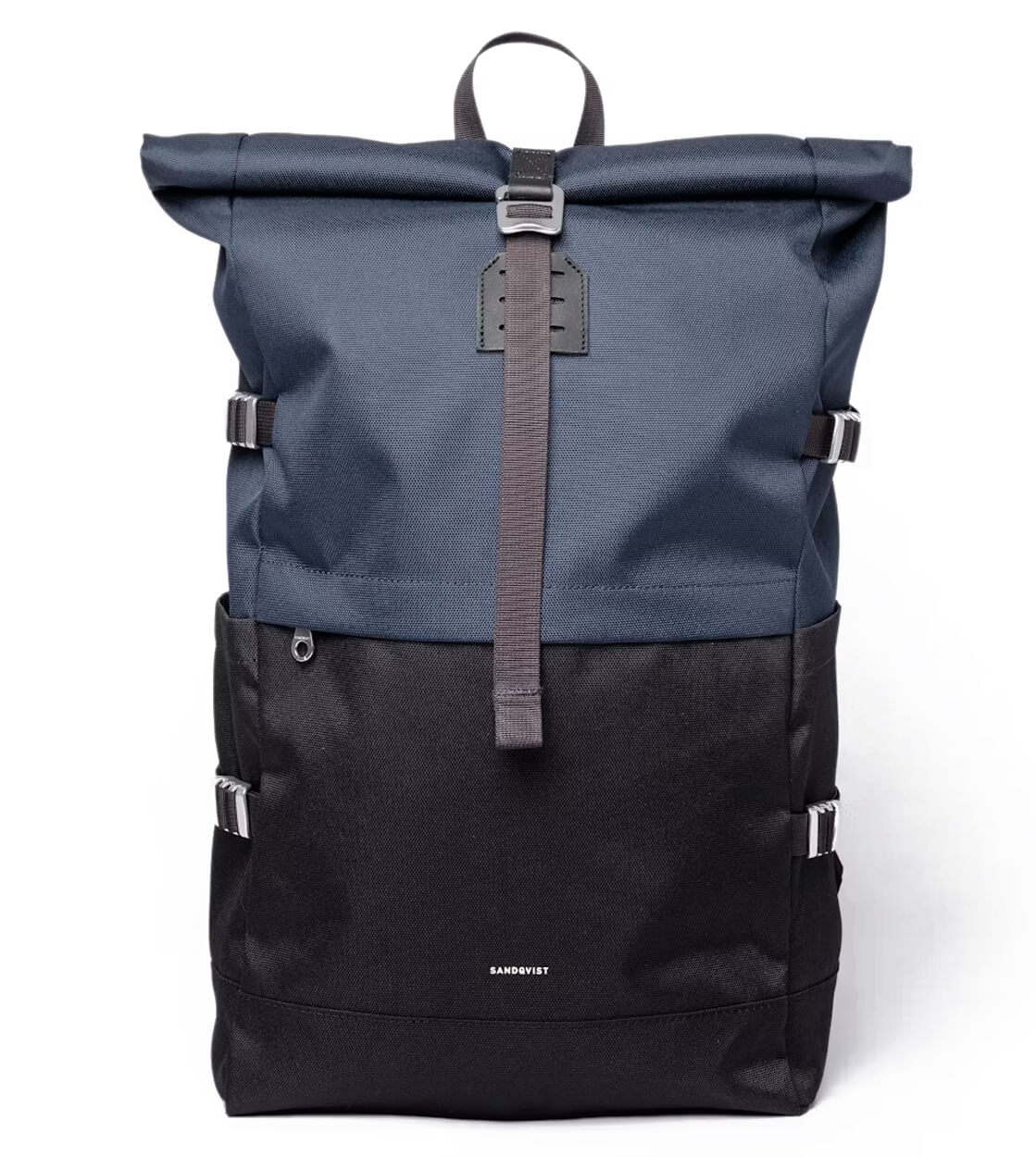 Sandqvist Backpack Rolltop L Icon blue multi black/ navy with black leather