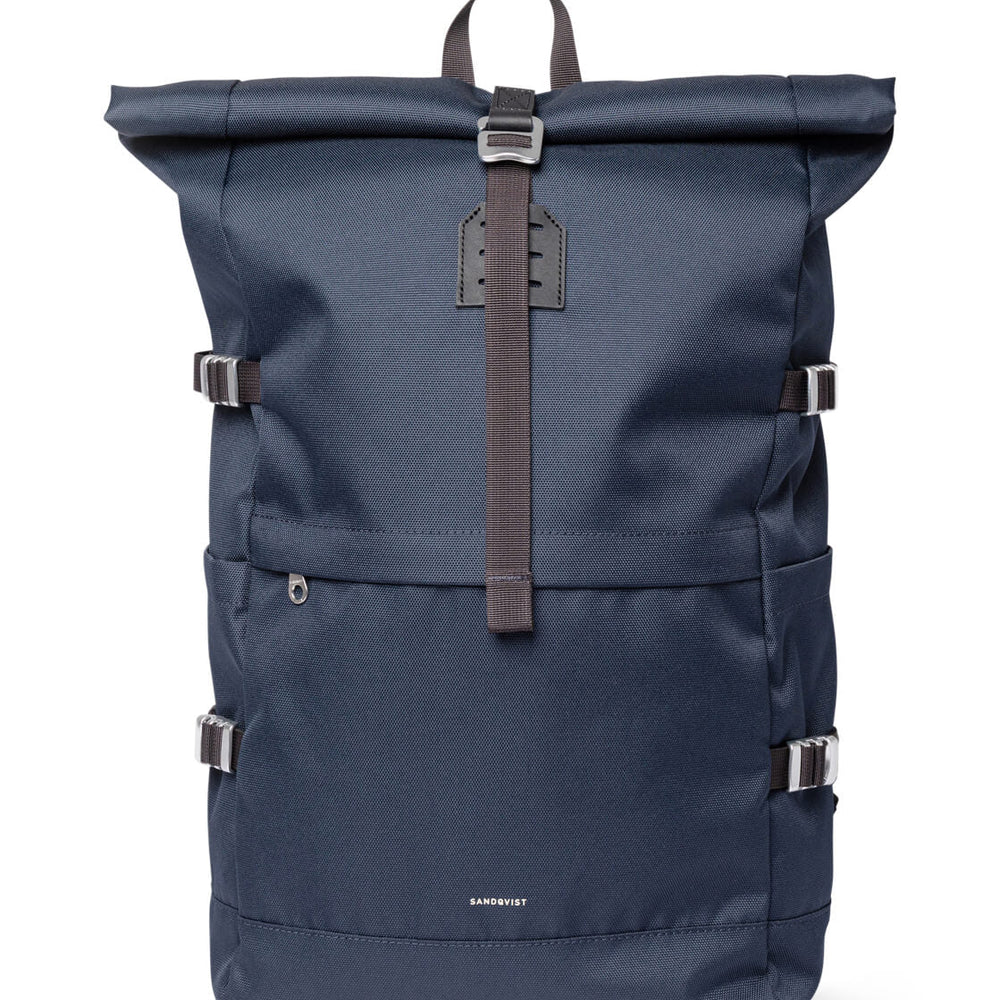 Sandqvist Backpack Rolltop L Icon blue navy with black leather