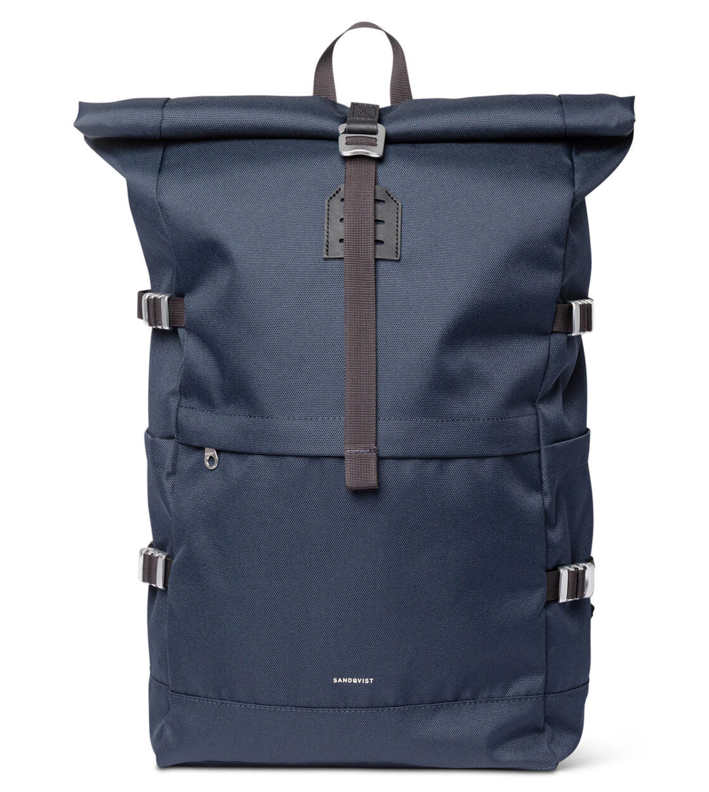 Sandqvist Backpack Rolltop L Icon blue navy with black leather