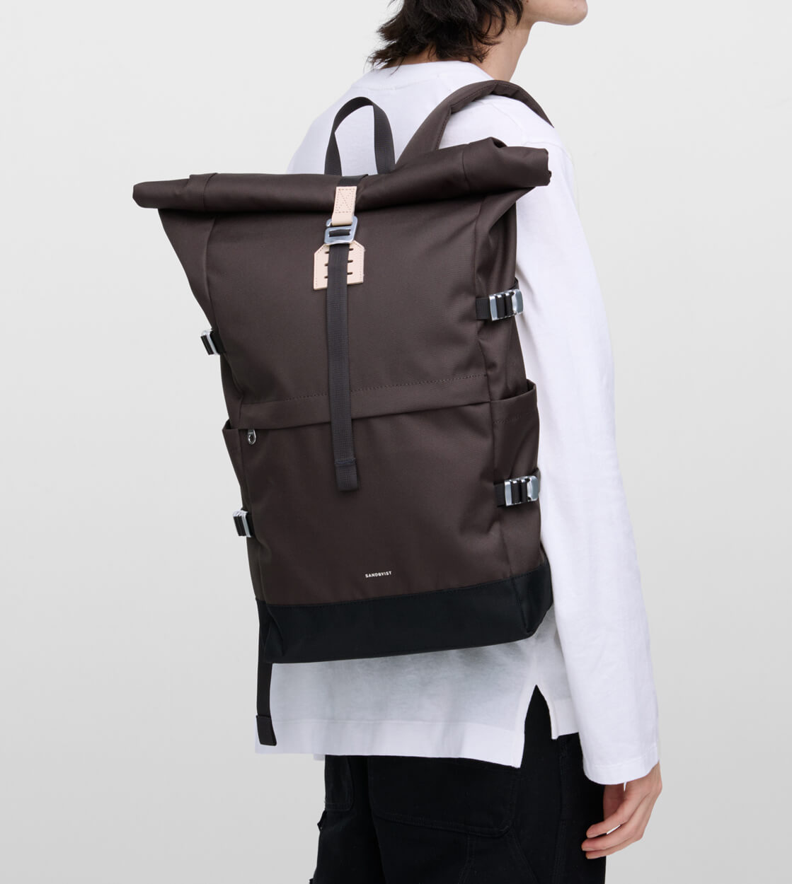 Sandqvist Backpack Rolltop L Icon brown with natural leather