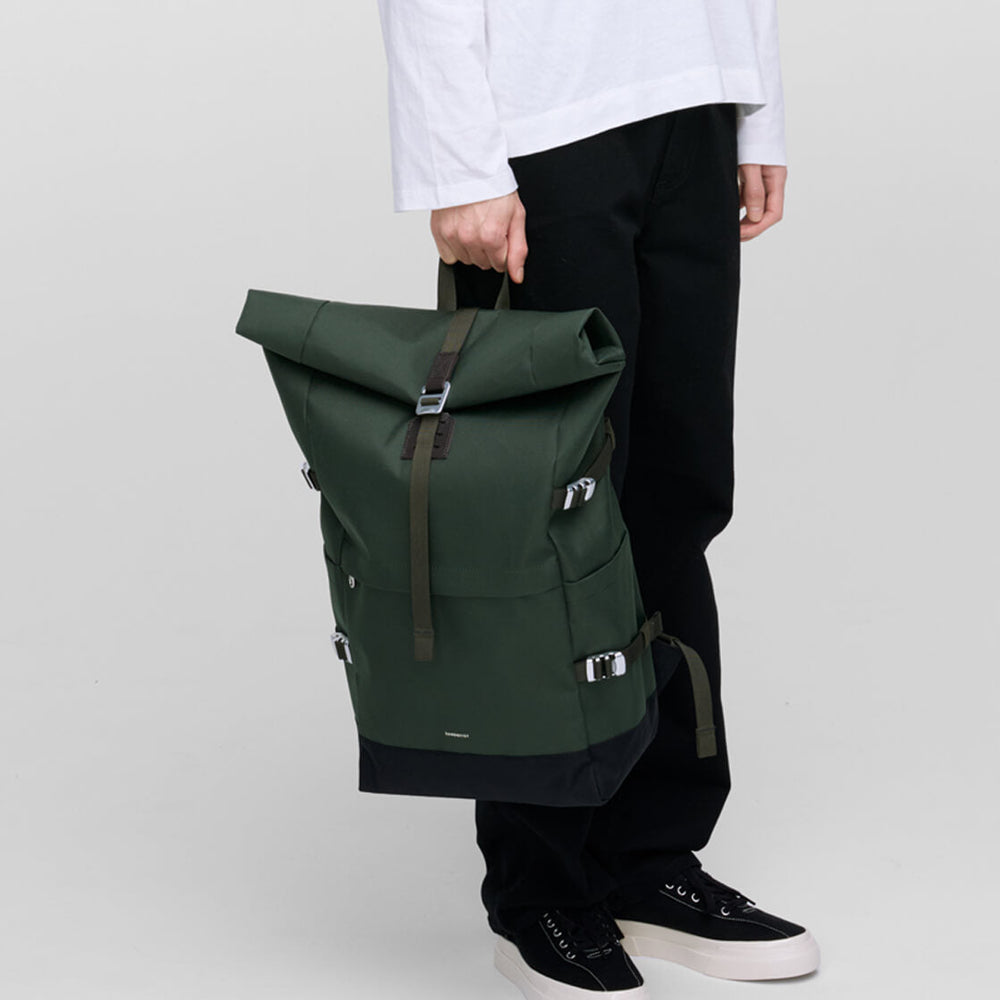 Sandqvist Backpack Rolltop L Icon green dawn with dark brown leather