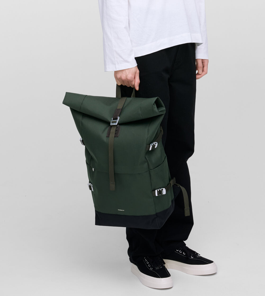 Sandqvist Backpack Rolltop L Icon green dawn with dark brown leather