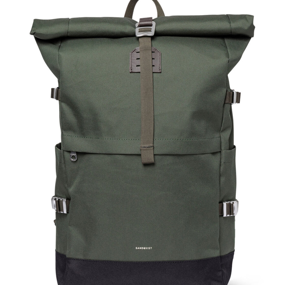 Sandqvist Backpack Rolltop L Icon green dawn with dark brown leather