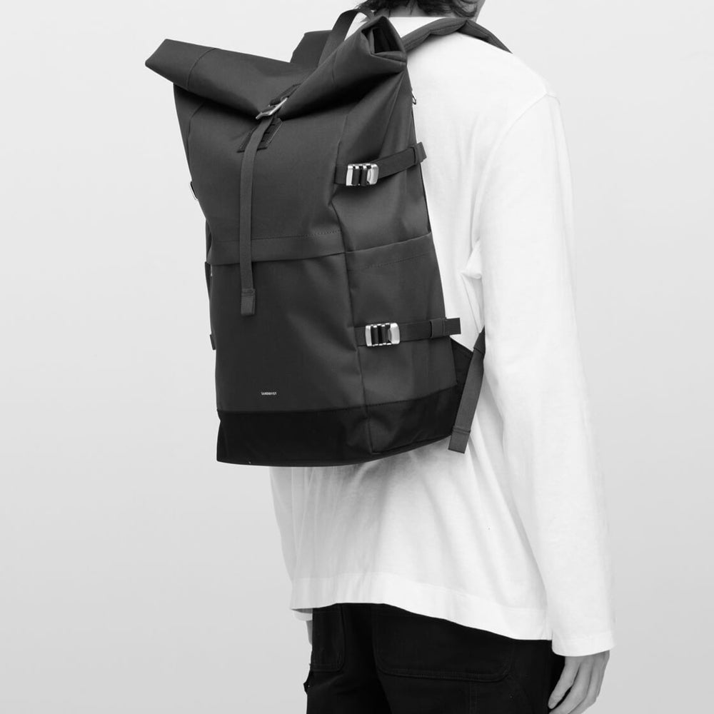 Sandqvist Backpack Rolltop L Icon grey multi dark with black leather