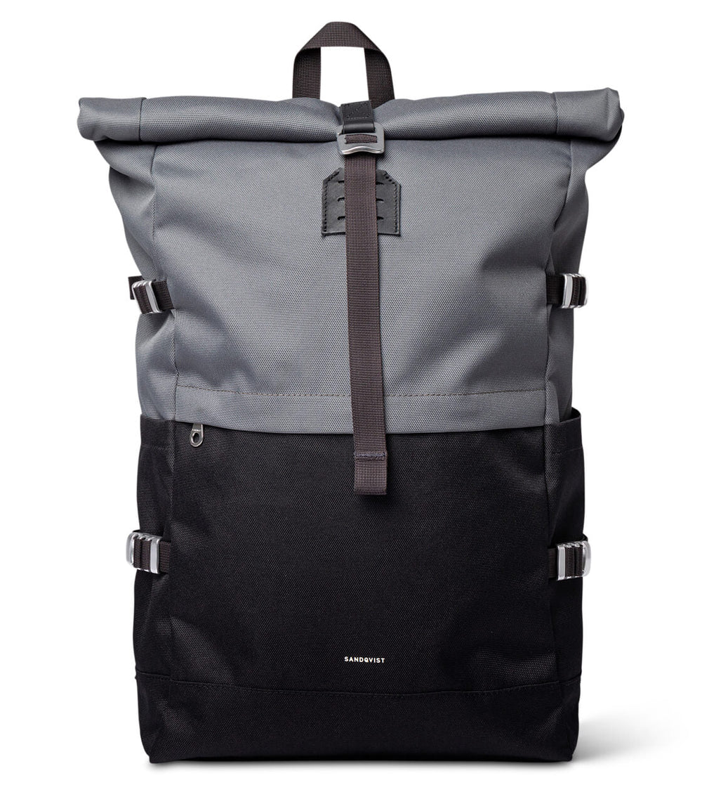 Sandqvist Backpack Rolltop L Icon grey multi dark with black leather