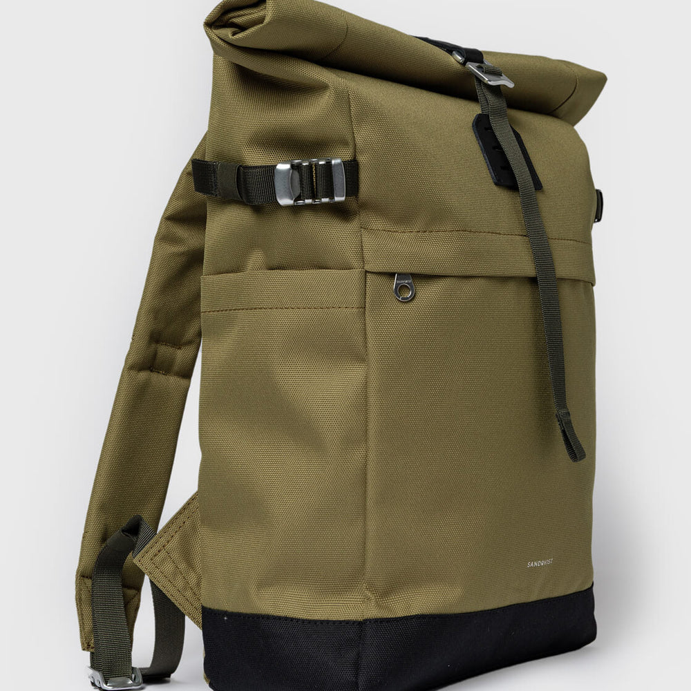 Sandqvist Backpack Rolltop M Icon beige olive drab with black leather