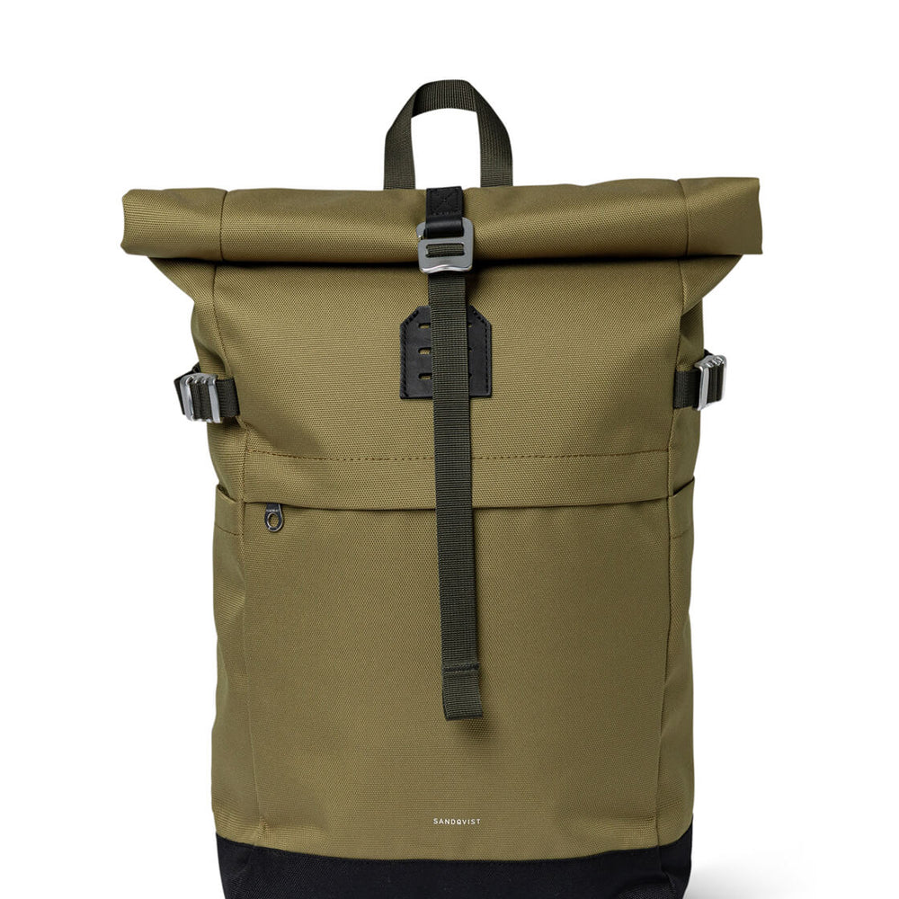 Sandqvist Backpack Rolltop M Icon beige olive drab with black leather