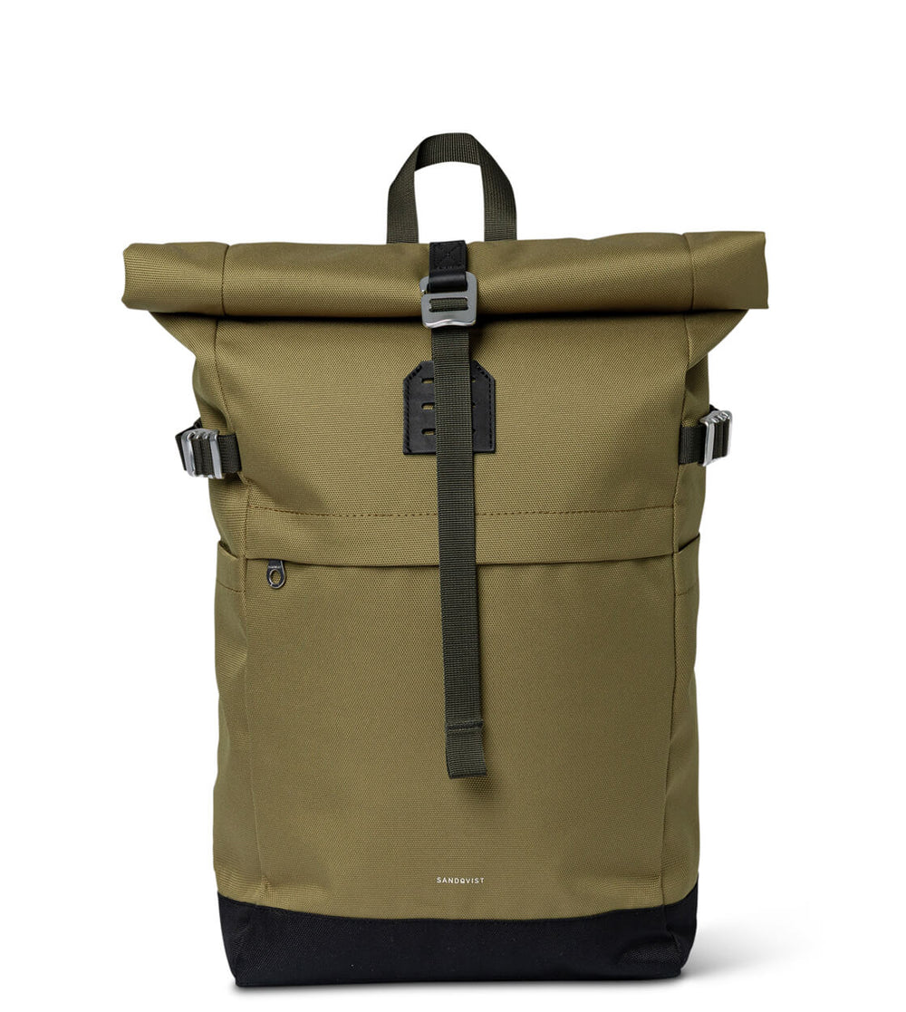 Sandqvist Backpack Rolltop M Icon beige olive drab with black leather