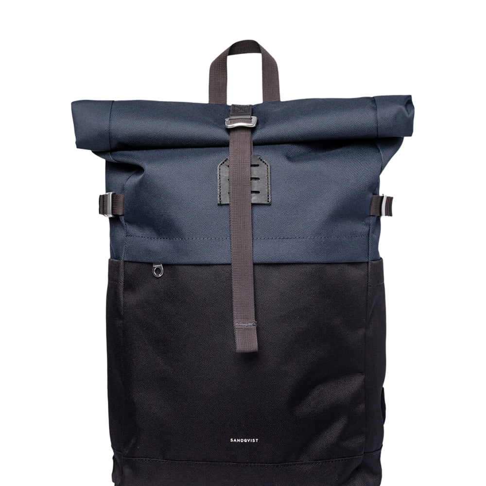 Sandqvist Backpack Rolltop M Icon blue multi black/navy with black leather