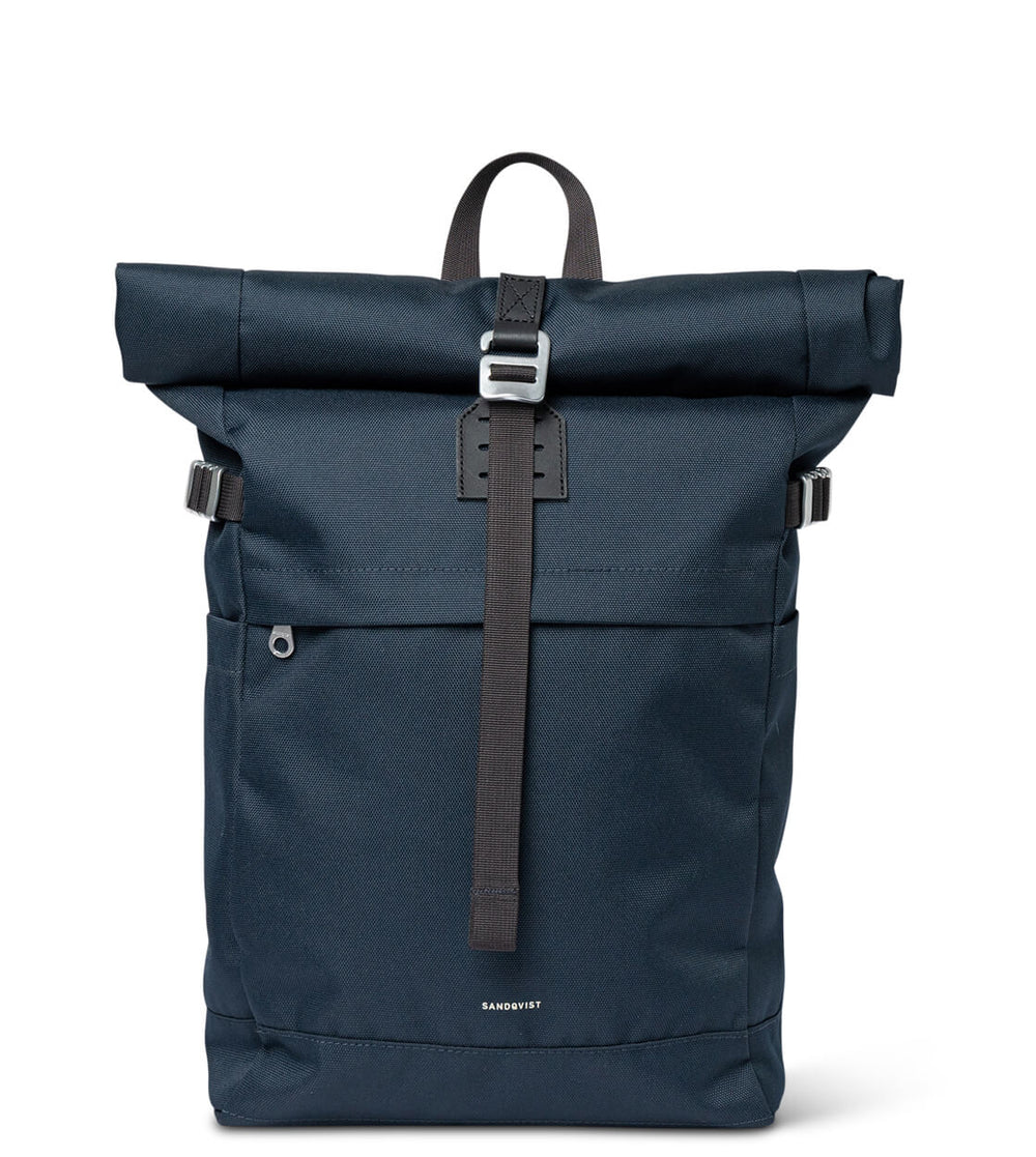 Sandqvist Backpack Rolltop M Icon blue navy with black leather