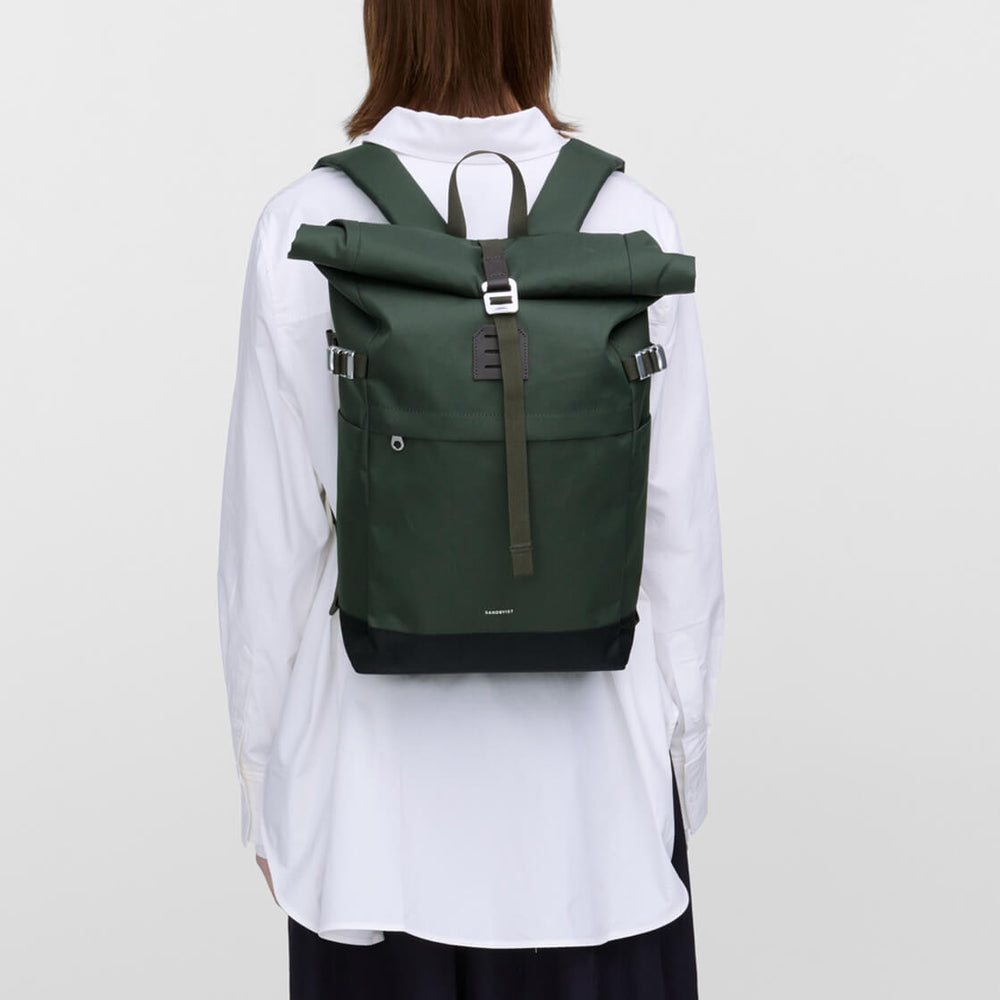 Sandqvist Backpack Rolltop M Icon green dawn with dark brown leather
