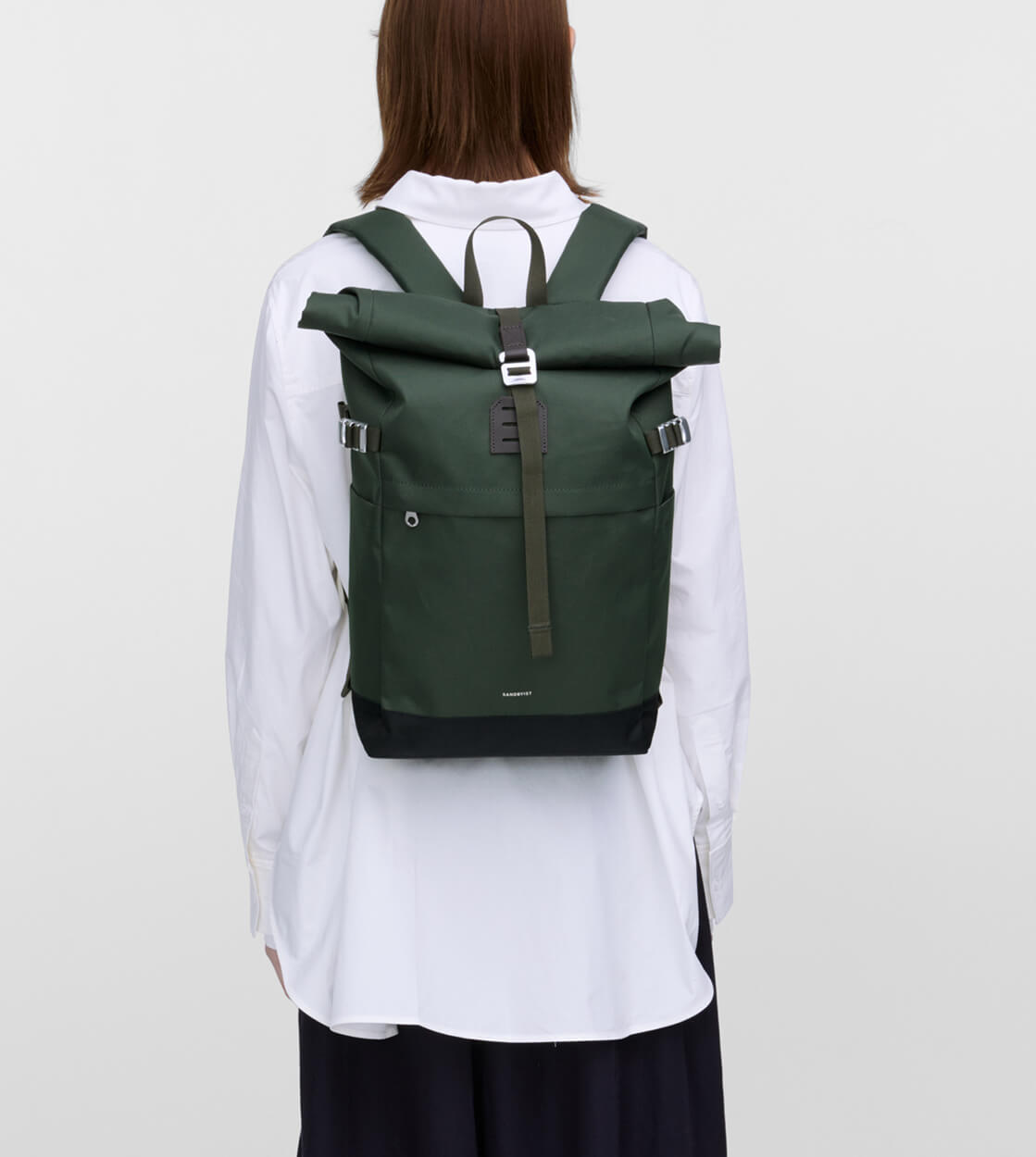 Sandqvist Backpack Rolltop M Icon green dawn with dark brown leather