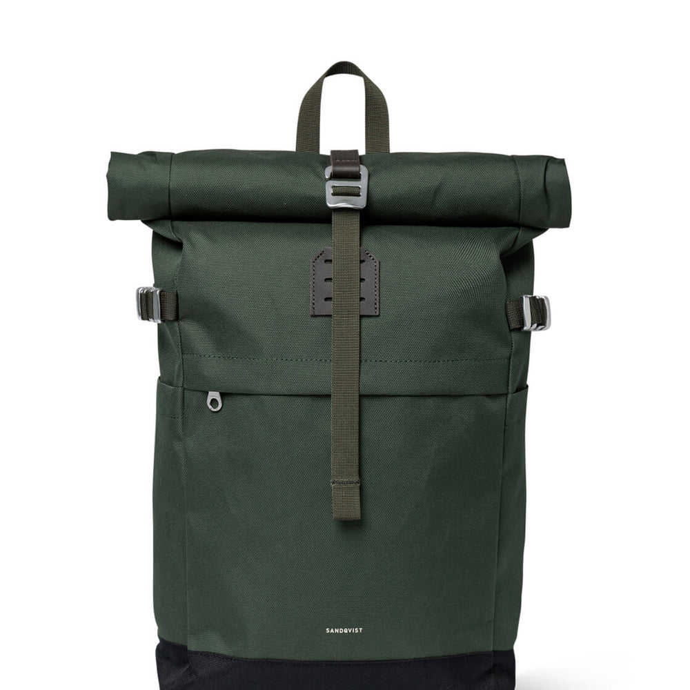 Sandqvist Backpack Rolltop M Icon green dawn with dark brown leather