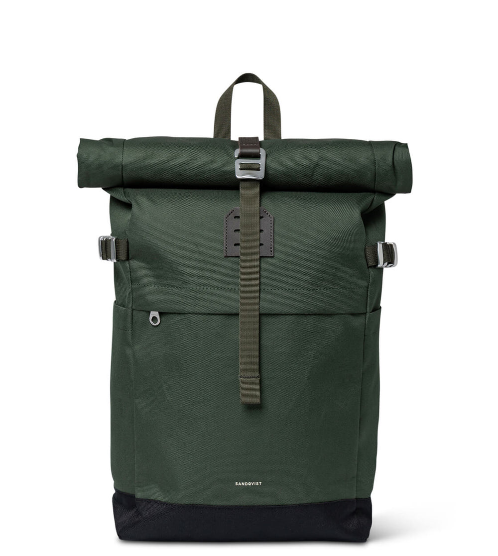 Sandqvist Backpack Rolltop M Icon green dawn with dark brown leather