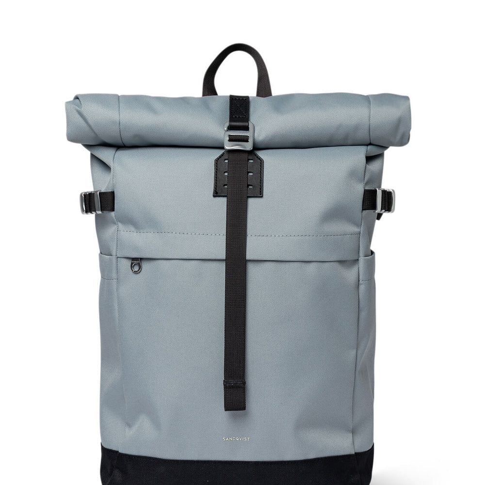 Sandqvist Backpack Rolltop M Icon grey ice blue with black leather