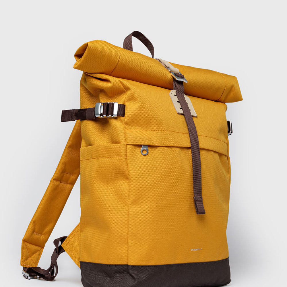 Sandqvist Backpack Rolltop M Icon yellow golden with natural leather