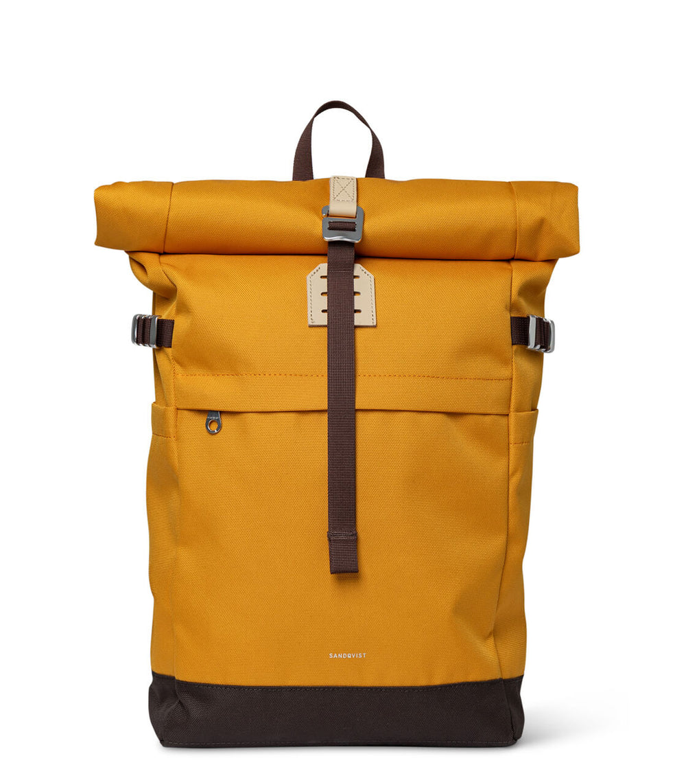Sandqvist Backpack Rolltop M Icon yellow golden with natural leather