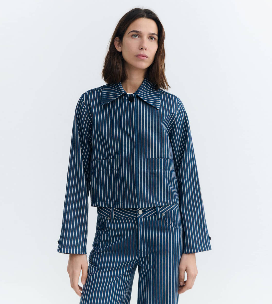 Thinking Mu W Jacket Astrid blue railway stripes