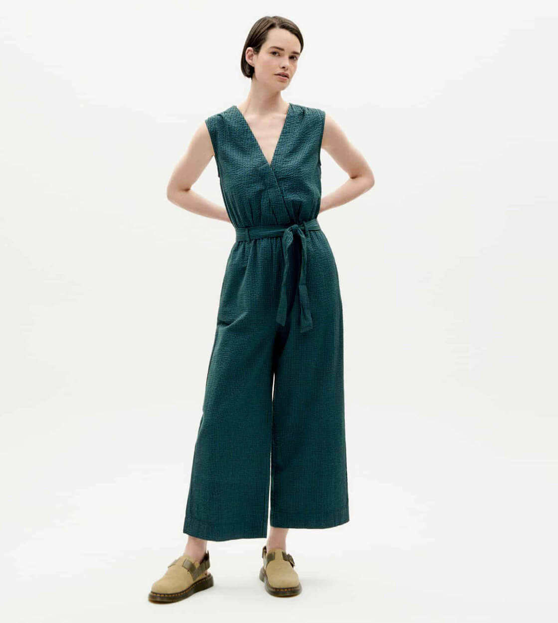 Thinking Mu W Jumpsuit Winona Seersucker blue bottle green checks